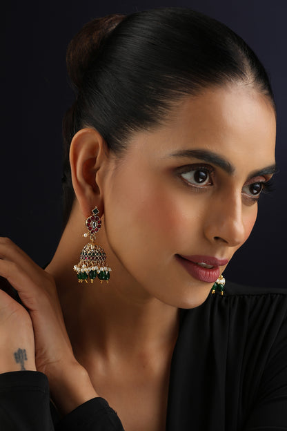 Gold Finish Multi-Colored Kundan Polki Temple Jhumka Earrings