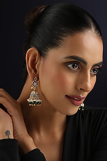 Gold Finish Multi-Colored Kundan Polki Temple Jhumka Earrings