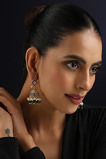 Gold Finish Multi-Colored Kundan Polki Temple Jhumka Earrings