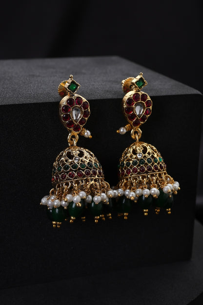 Gold Finish Multi-Colored Kundan Polki Temple Jhumka Earrings