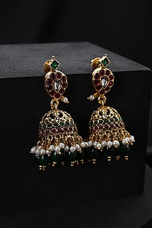 Gold Finish Multi-Colored Kundan Polki Temple Jhumka Earrings