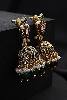 Gold Finish Multi-Colored Kundan Polki Temple Jhumka Earrings