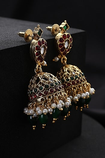 Gold Finish Multi-Colored Kundan Polki Temple Jhumka Earrings