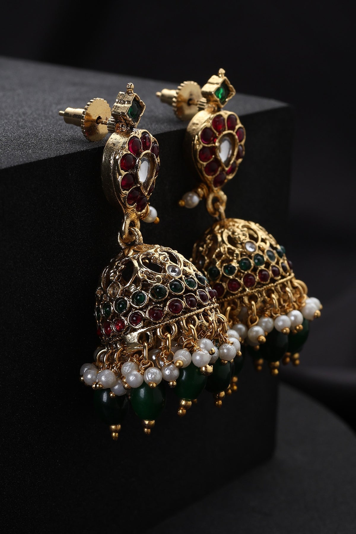 Gold Finish Multi-Colored Kundan Polki Temple Jhumka Earrings