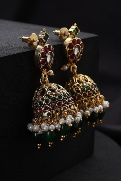 Gold Finish Multi-Colored Kundan Polki Temple Jhumka Earrings