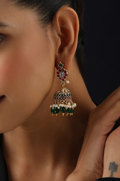 Gold Finish Multi-Colored Kundan Polki Temple Jhumka Earrings