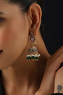 Gold Finish Multi-Colored Kundan Polki Temple Jhumka Earrings