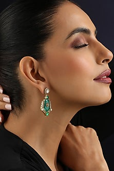 Gold Finish Green Kundan Polki Dangler Earrings
