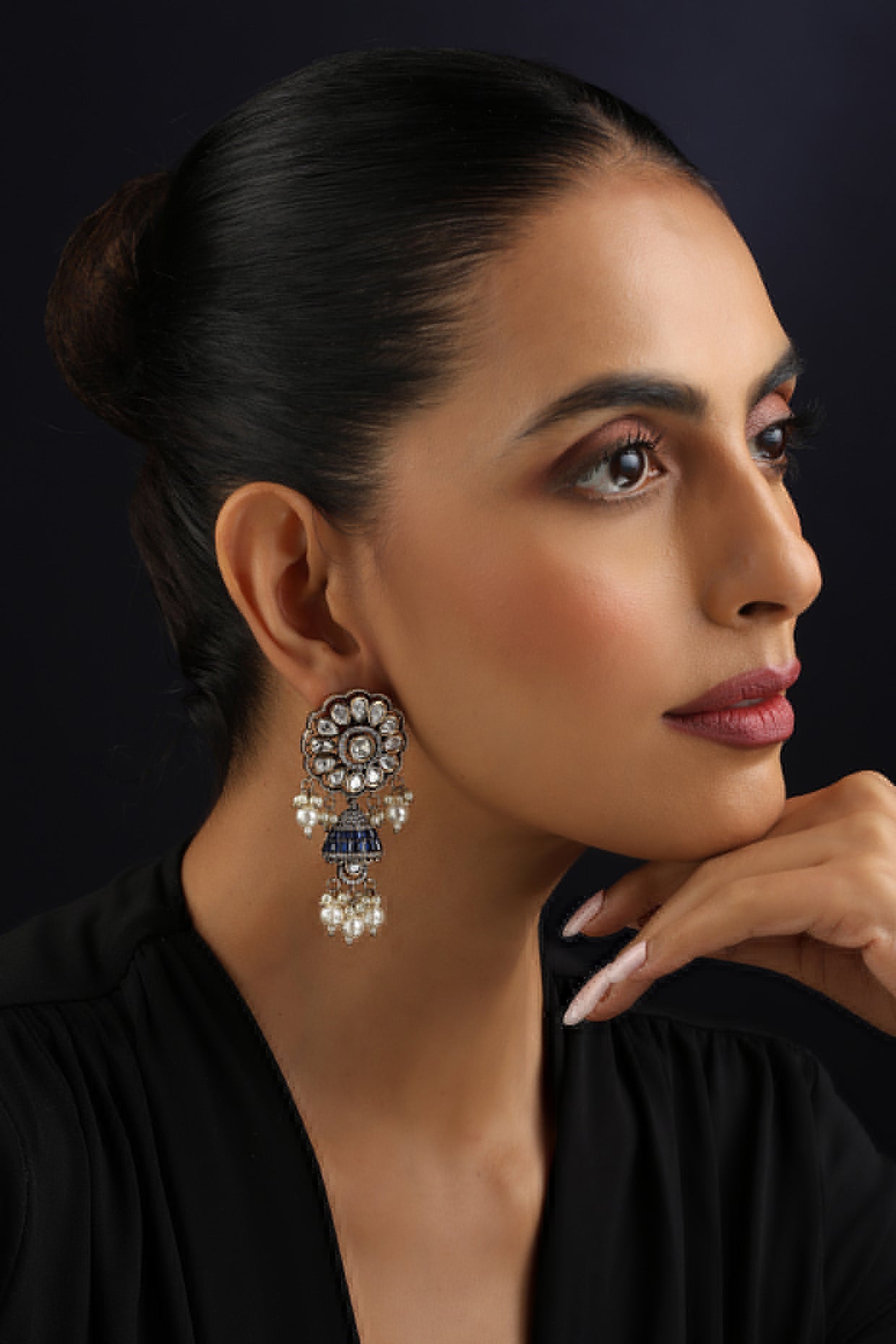Gold Finish Blue Victorian Kundan Polki Jhumka Earrings