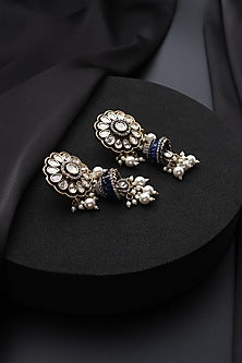 Gold Finish Blue Victorian Kundan Polki Jhumka Earrings