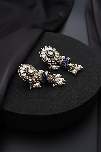 Gold Finish Blue Victorian Kundan Polki Jhumka Earrings
