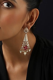 Rose Gold Finish Red Kundan Polki Dangler Earrings
