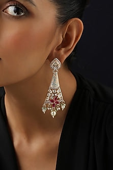 Rose Gold Finish Red Kundan Polki Dangler Earrings