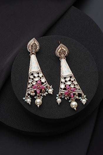 Rose Gold Finish Red Kundan Polki Dangler Earrings