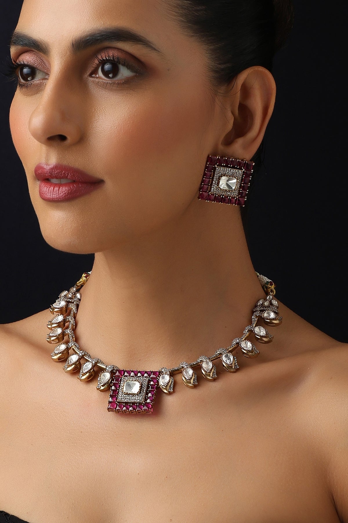 Gold Finish Ruby Kundan Polki Hasli Necklace Set