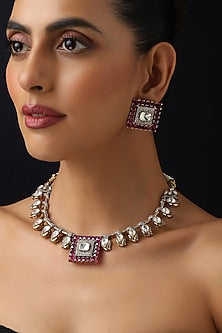 Gold Finish Ruby Kundan Polki Hasli Necklace Set