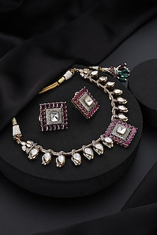 Gold Finish Ruby Kundan Polki Hasli Necklace Set