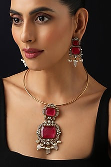 Gold Finish Red Kundan Polki Hasli Necklace Set