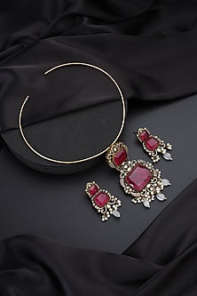Gold Finish Red Kundan Polki Hasli Necklace Set