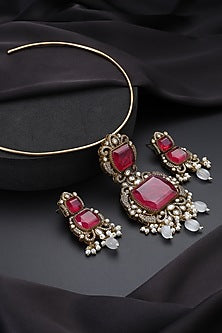 Gold Finish Red Kundan Polki Hasli Necklace Set