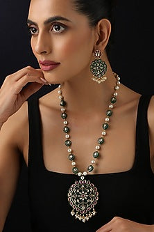 Gold Finish Green Kundan Polki Long Necklace Set