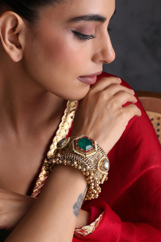 Gold Finish Kundan Polki & Emerald Stone Handcrafted Cuff