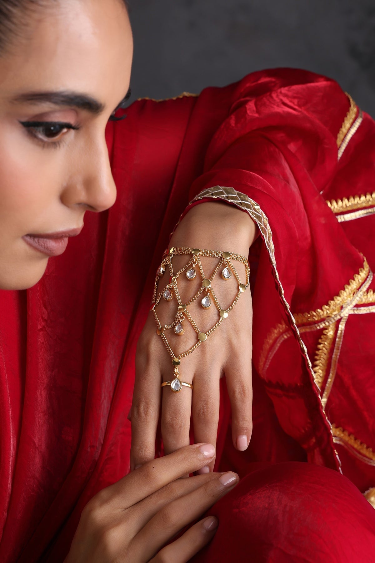 Gold Finish Kundan Polki Handcrafted Haathphool