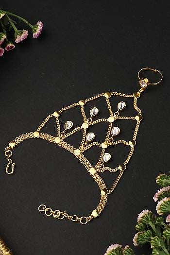 Gold Finish Kundan Polki Handcrafted Haathphool