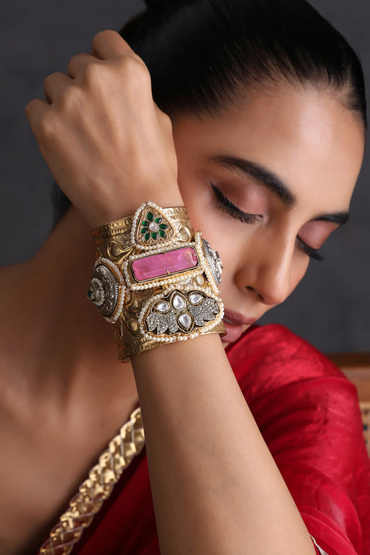 Gold Finish Pink Kundan Polki Handcrafted Cuff