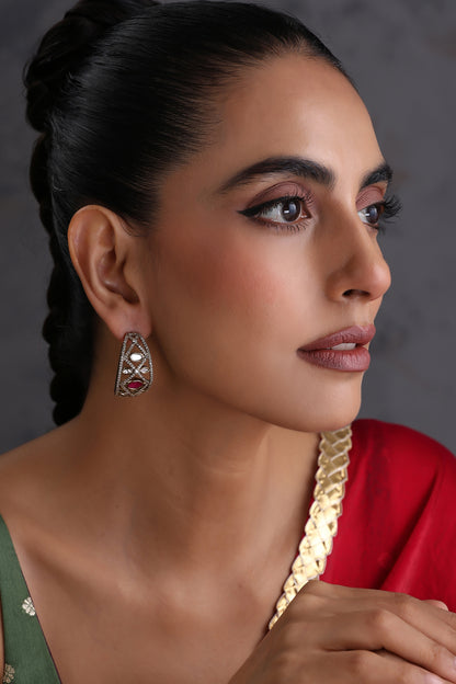 Gold Finish Kundan Polki & Ruby Stone Handcrafted Hoop Earrings