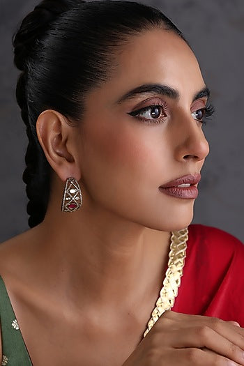 Gold Finish Kundan Polki & Ruby Stone Handcrafted Hoop Earrings