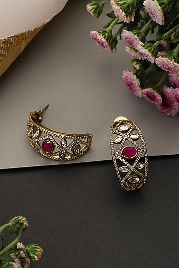 Gold Finish Kundan Polki & Ruby Stone Handcrafted Hoop Earrings