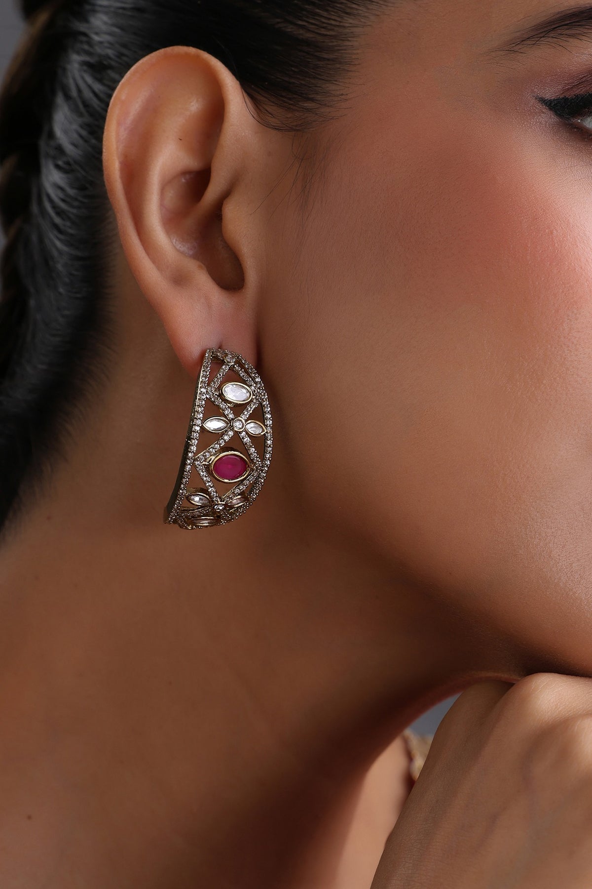 Gold Finish Kundan Polki & Ruby Stone Handcrafted Hoop Earrings