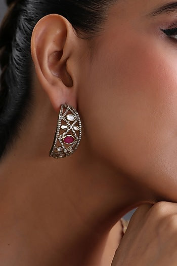 Gold Finish Kundan Polki & Ruby Stone Handcrafted Hoop Earrings