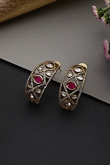 Gold Finish Kundan Polki & Ruby Stone Handcrafted Hoop Earrings