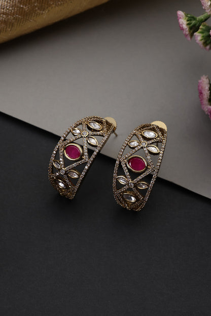 Gold Finish Kundan Polki & Ruby Stone Handcrafted Hoop Earrings