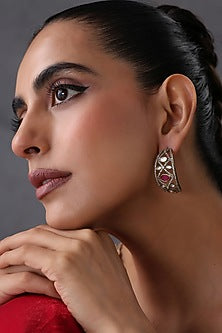 Gold Finish Kundan Polki & Ruby Stone Handcrafted Hoop Earrings