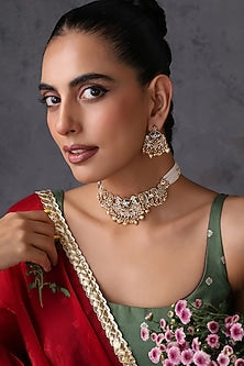 Gold Finish Multi-Colored Kundan Polki Handcrafted Temple Choker Necklace Set