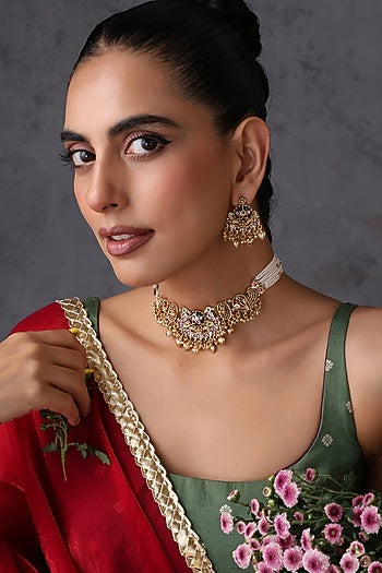 Gold Finish Multi-Colored Kundan Polki Handcrafted Temple Choker Necklace Set