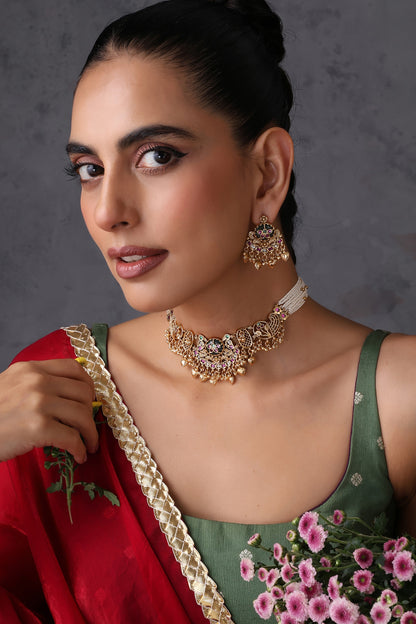 Gold Finish Multi-Colored Kundan Polki Handcrafted Temple Choker Necklace Set