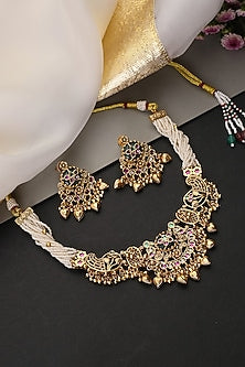 Gold Finish Multi-Colored Kundan Polki Handcrafted Temple Choker Necklace Set