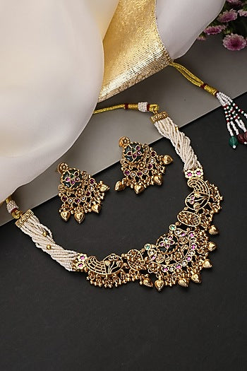 Gold Finish Multi-Colored Kundan Polki Handcrafted Temple Choker Necklace Set