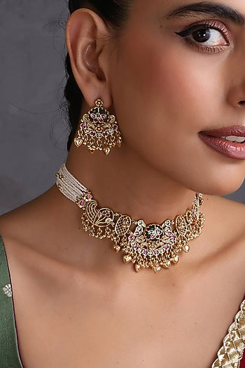 Gold Finish Multi-Colored Kundan Polki Handcrafted Temple Choker Necklace Set