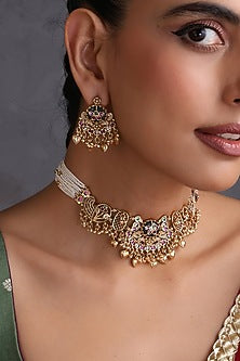 Gold Finish Multi-Colored Kundan Polki Handcrafted Temple Choker Necklace Set