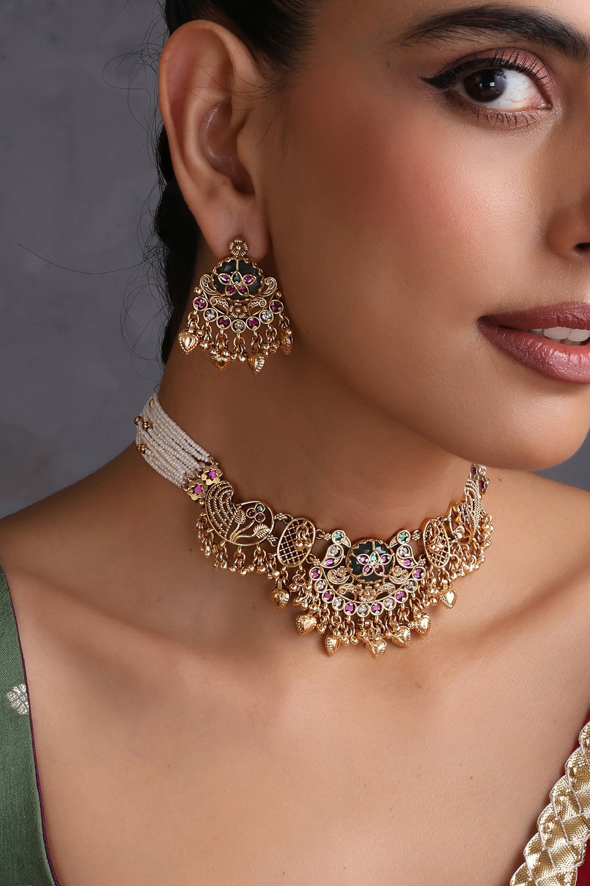 Gold Finish Multi-Colored Kundan Polki Handcrafted Temple Choker Necklace Set