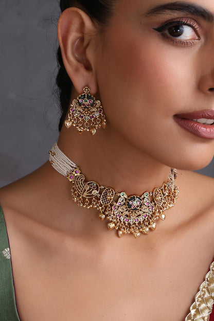Gold Finish Multi-Colored Kundan Polki Handcrafted Temple Choker Necklace Set