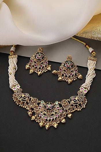 Gold Finish Multi-Colored Kundan Polki Handcrafted Temple Choker Necklace Set