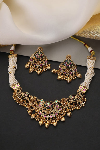 Gold Finish Multi-Colored Kundan Polki Handcrafted Temple Choker Necklace Set