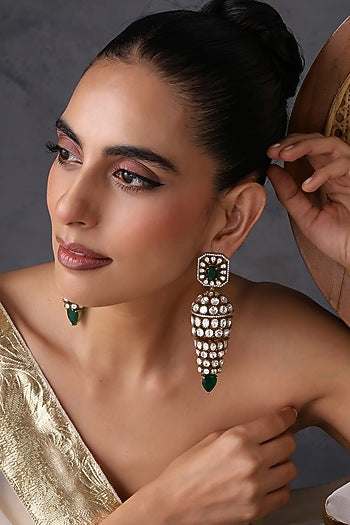 Gold Finish Kundan Polki & Emerald Stone Handcrafted Jhumka Earrings