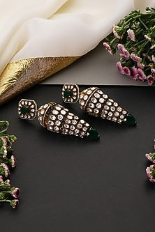Gold Finish Kundan Polki & Emerald Stone Handcrafted Jhumka Earrings
